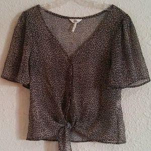Sheer leopard print tie front shirt